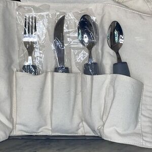 BunMo Adaptive Rubber Grip 4 pc Grey Dinner Utensil Set Canvas Travel Wrap Light